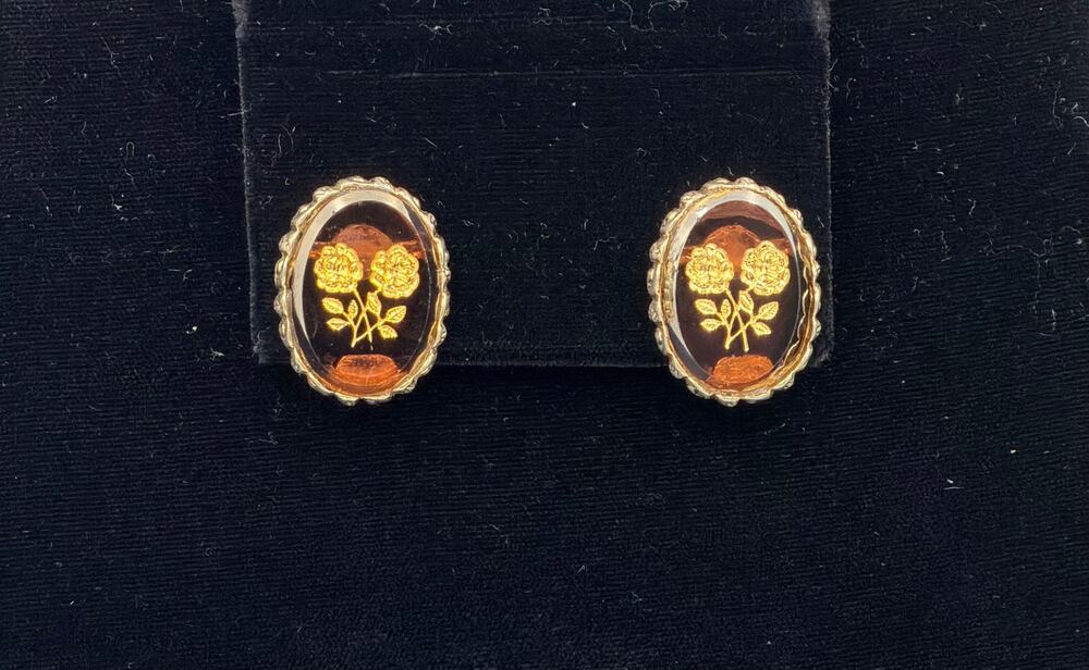 Victorian Whiting and Davis Gold Roses Purple Glass Intaglio Clip Earrings